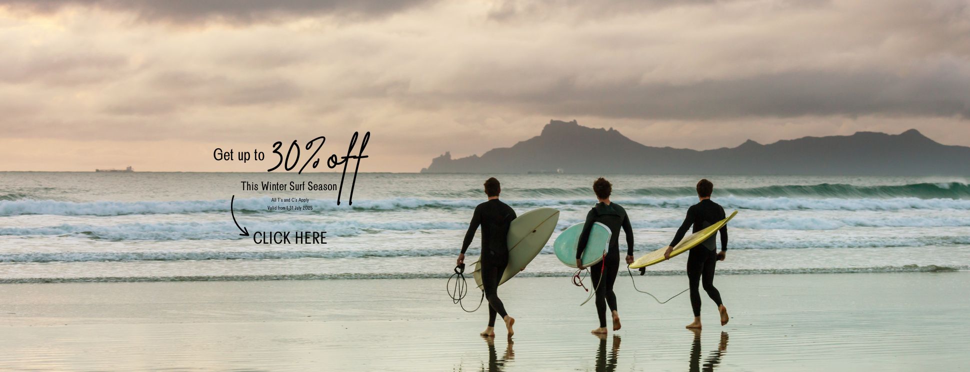 Winter surf banner with a surfer riding a wave under moody skies, promoting up to 30% off selected sunglasses — bold text overlay reads 'Ride the Winter Waves in Style – Up to 30% Off Sunglasses'.