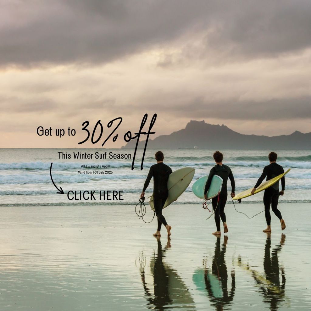 Winter surf banner with a surfer riding a wave under moody skies, promoting up to 30% off selected sunglasses — bold text overlay reads 'Ride the Winter Waves in Style – Up to 30% Off Sunglasses'.